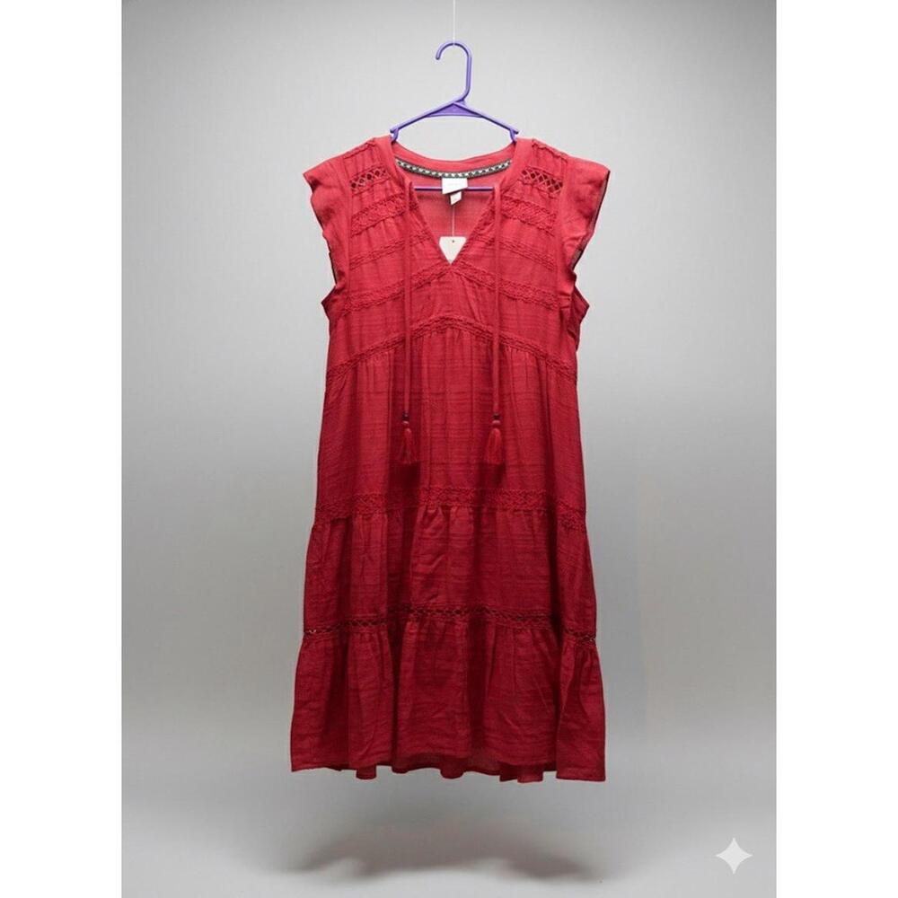 Knox Rose Tiered Dress NWT Red Crochet Accents V Neck Flutter Sleeve Size Small